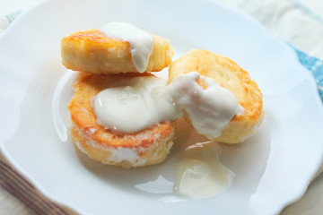Cheesecakes. dessert cake made with cream and soft cheese on a graham cracker, cookie, or pastry crust, typically topped with a fruit sauce.