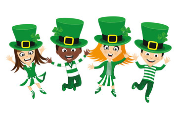 Kids jumping in costumes for St. Patrick's Day.	