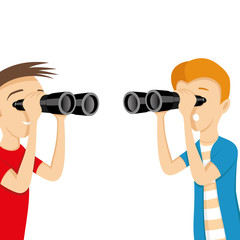 Fototapeta premium Young people looking through binoculars on a white background.