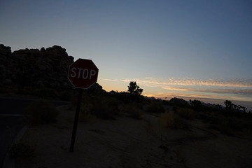 Amazing landscapes at Joshua Tree Park with mountains, rocks and desert plains at sunrise
