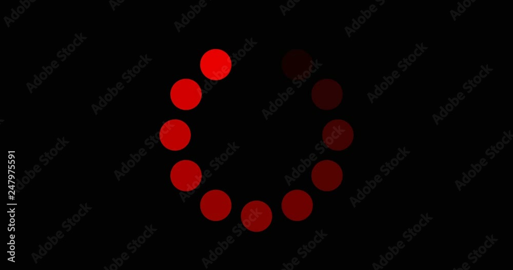 Poster loading circle red on black background animation with alpha channel. twelve animated dots fading in 