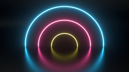 Round Neon Lights On The Black Background - 3D Illustration