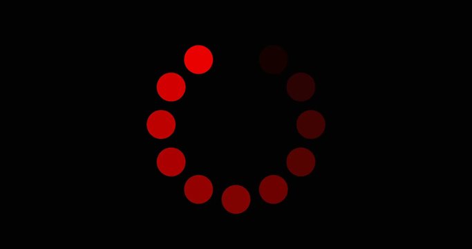 loading circle red on black background animation with alpha channel. twelve animated dots fading in and out in sequence. 