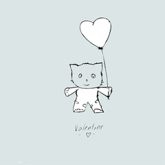 valentine's day card, text and drawing a kitten