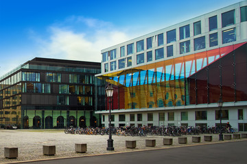 Modern colorful buildings in Munich Germany on a beautiful sunny summer day
