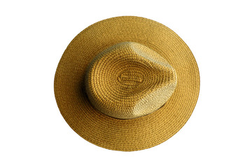 Top view vintage pretty straw hat isolated on white background