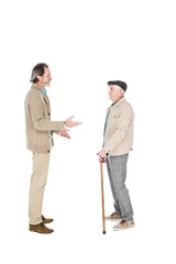 Fototapeta premium retired man talking with friend standing with walking cane isolated on white