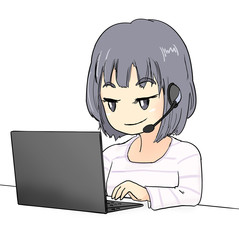 パソコンと話す私服の女性