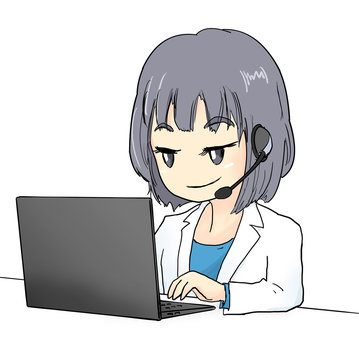 パソコンと話す白衣の女性