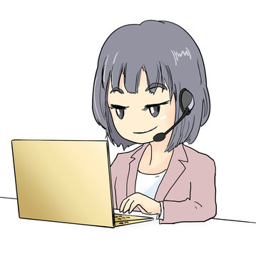 パソコンと話すジャケットの女性