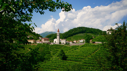 View of the green Prosecco wine hill and blue sky in background - Rolle - Cison di Valmarino - Strada del Prosecco - Chiesa dei Santi Giacomo e Filippo - Borgo tutelato dal FAI