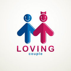 Happy couple simple vector logo or icon created with people geometric signs in a shape of arrows. Tender and loving relationship of man and woman, boyfriend and girlfriend.