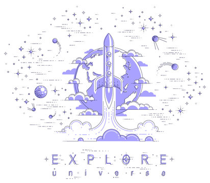 Rocket start from earth to space to discover undiscovered, surrounded by satellites, stars and other elements. Explore universe, space science. Thin line 3d vector illustration.