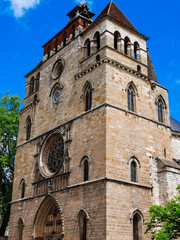 Cahors Cathedral front, with sunlight and blue sky background, Lot, France