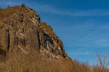 Sunrise on Boren hill near Bilina town in winter frosty morning with pine tree