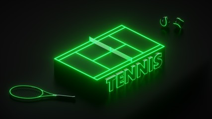 Tennis Court With Green Neon Lights, Tennis Text, Racket And Balls. Isometric View - 3D Illustration