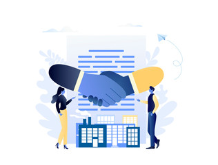 B2B Shaking hands with small people, company and factory. Business to business. Flat modern concept vector illustration for web, landing page, banner, presentation, flyer, poster. 