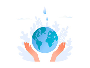 Hands hold planet with water drops - save the planet, Earth Day, save energy concept. Flat vector illustration for web banner, website, presentation.
