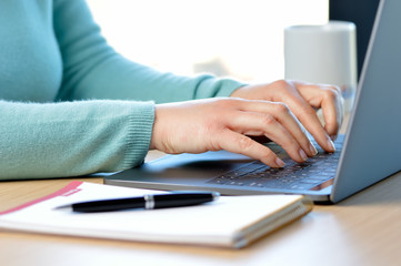 Fototapeta premium Cropped shot of a lady hands typing in a laptop on a desk at office
