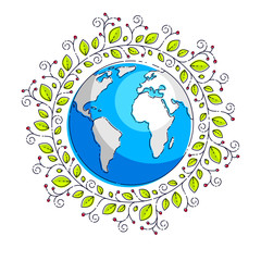 Planet earth with green leaves floral ornate design, vector emblem or illustration isolated on white.