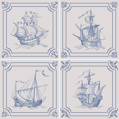 Old caravel. Ship on the Blue Dutch tile. Imitation. Frigate, vintage sailboat, Sailing vessel , glazed porcelain ceramic.