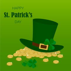 St. Patrick's Day vector illustration. Leprechaun hat, golden coins and Shamrock on green background
