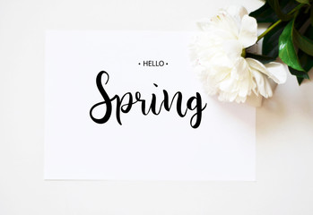 Inscription Hello Spring. Peony flower on light background