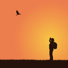 Realistic illustration of a tourist, woman with a backpack. He looks up at the flying bird or the eagle. Isolated on an orange background, vector