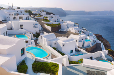 Oia town on Santorini island, Greece. Caldera on Aegean sea.
