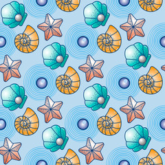 Sea Water animal. seamless pattern of Sea inhabitants sea scallop, starfish and seashell .