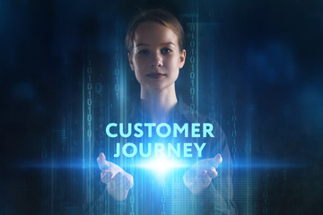 The concept of business, technology, the Internet and the network. A young entrepreneur working on a virtual screen of the future and sees the inscription: Customer journey