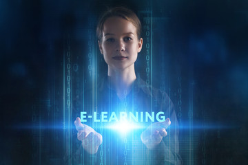 The concept of business, technology, the Internet and the network. A young entrepreneur working on a virtual screen of the future and sees the inscription: E-learning