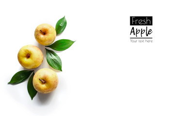Fresh yellow apples on a white background.  Autumn  the composition. Isolated objects. Flat lay,...