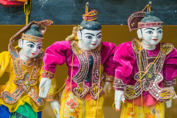 Traditional handicraft puppets for sale  in the ancient pagoda in Bagan, Myanmar