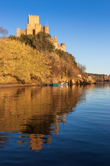 Fototapeta na wymiar Almourol, Portugal - January 12, 2019: View of the Almourol castle from the Tagus river with the reflection of it in the water, lit by the late afternoon sun with blue sky.