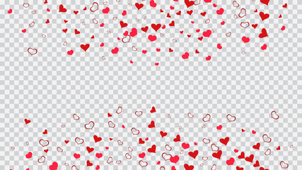 Red on Transparent background Vector. Red hearts of confetti are flying. Spring background. Part of the design of wallpaper, textiles, packaging, printing, holiday invitation for Valentine's Day.