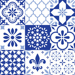 Lisbon indigo tiles vector seamless pattern, Portuguese Azluejo tiles design in blue and navy blue, abstract and floral designs