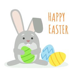 Happy Easter. Cute rabbit and eggs. Vector illustration.