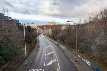 Prague panorama with Jan Zizka equestrian statue in front of National memorial Vitkov, Czech Republic, cloudy day