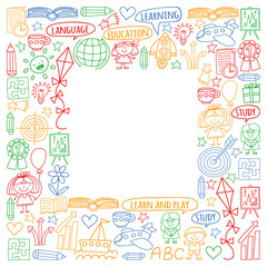 Fototapeta na wymiar Vector set of learning English language, children's drawing icons in doodle style. Painted, colorful, pictures on a piece of paper on white background.