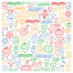 Vector set of learning English language, children's drawing icons in doodle style. Painted, colorful, pictures on a piece of paper on white background.