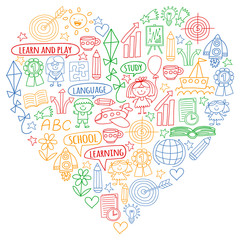 Vector set of learning English language, children's drawing icons in doodle style. Painted, colorful, pictures on a piece of paper on white background.