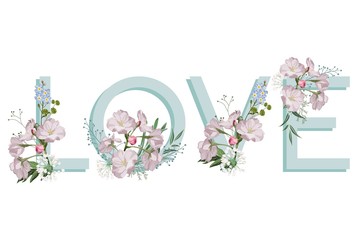 UWIELBIAM typografię z Różowymi wiśniowymi kwiatami, odizolowywającymi na białym tle. - 247986364