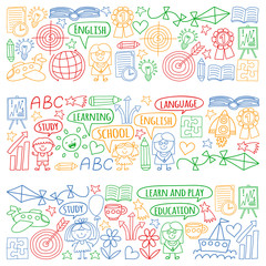 Fototapeta na wymiar Vector set of learning English language, children's drawing icons in doodle style. Painted, colorful, pictures on a piece of paper on white background.
