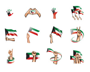 Kuwait flag and hand on white background. Vector illustration
