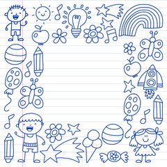 Children garden, Patern, Hand drawn children garden elements pattern, doodle illustration, Vector, illustration.