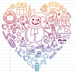 Vector set of Christmas, holiday winter days 2019, 2020, vector illustration. New Year's pattern, children's drawings with a teacher icons in doodle style. Painted, colorful, gradient on a piece of