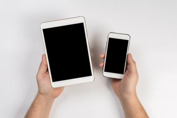 Man working with tablet, top view