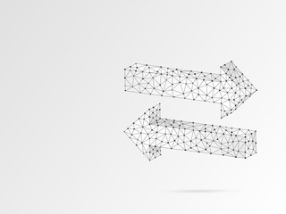 Crossroad direction two ways arrows wireframe digital 3d illustration. Low poly crossway choice concept with lines, dots, starry sky on white background. Raster polygonal road guide origami style sign