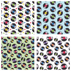 4 seamless repeat patterns of vinyl records. Music seamless backgrounds. Musical clip art pattern.